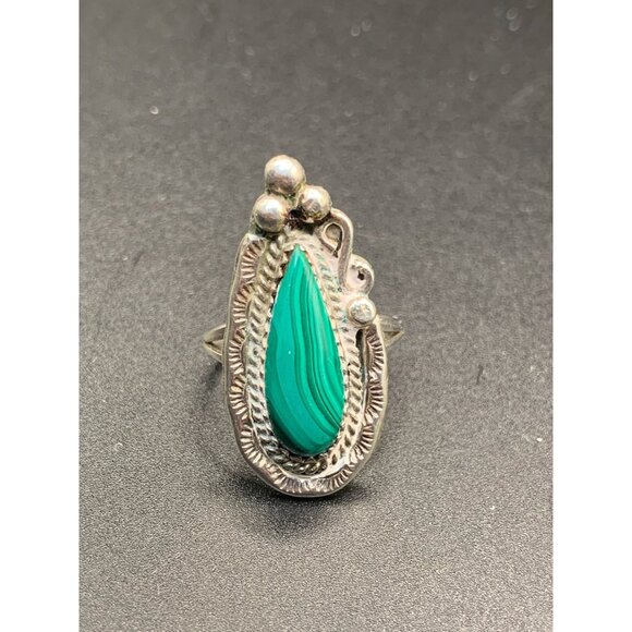 Navajo Malachite Ring Size 6 Sterling Silver Elongated Teardrop Stone Raindrops - Picture 2 of 9